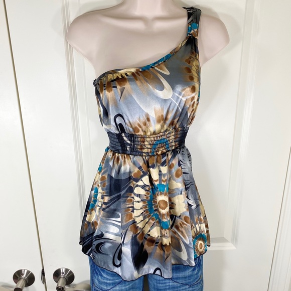 Satin One Shoulder Retro Tie Dye Design Tank Top - Picture 2 of 15